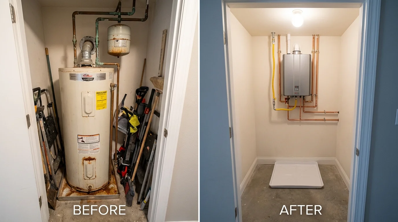 Tank water heater versus wall-mounted tankless unit comparison for Winchester, MA homeowners
