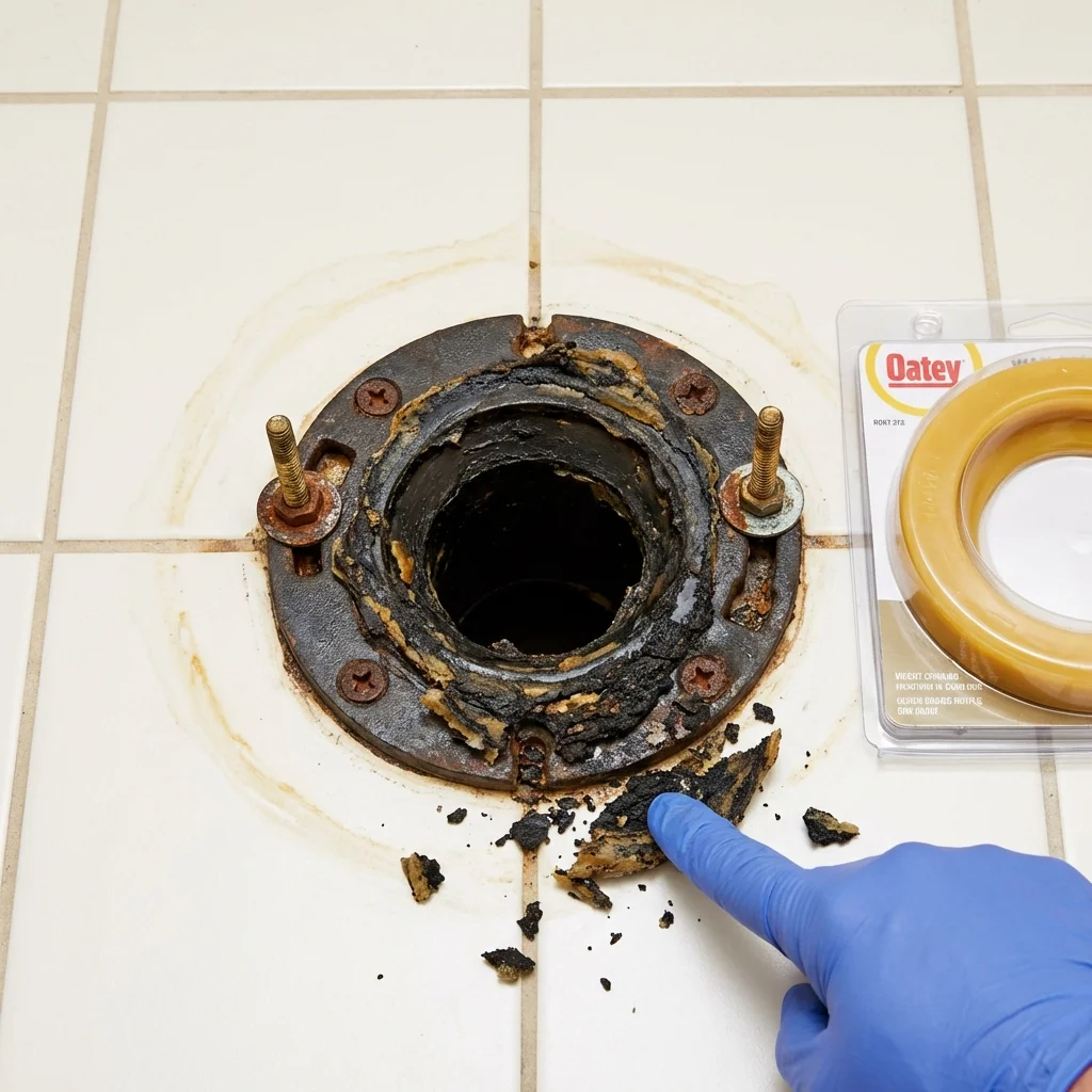 Failed wax ring showing water seepage at the base of a toilet in a Winchester, MA home