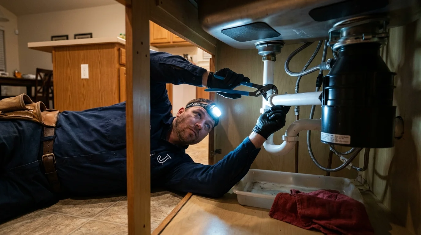P-trap and supply line connections under a kitchen sink showing a common leak point in Winchester, MA